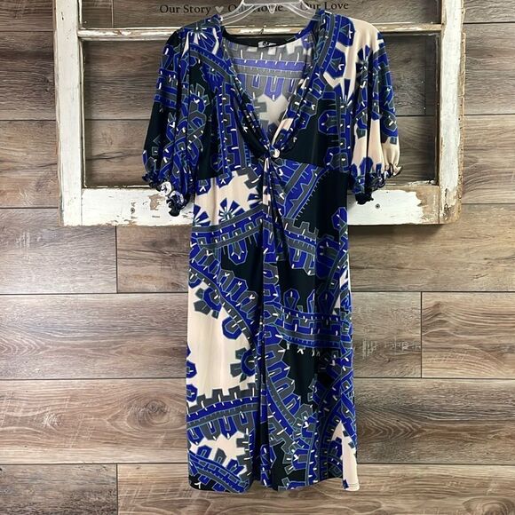 NINE WEST Short Elastic Sleeve Vneck Knotted Ruched Bodice Dress Size 4 Blue - Picture 2 of 10